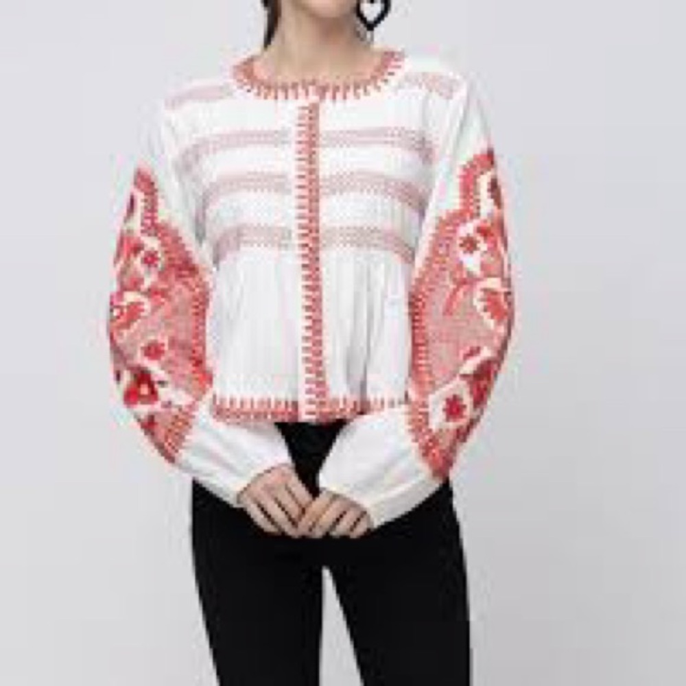7 For All Mankind Embroidered Peplum Balloon Sleeve Snap Blouse Top NWT - Picture 2 of 9